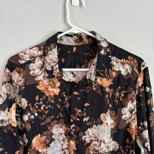 H&M Men's Size Large Button Down Bold Floral Print Black Brown Vintage Vibes